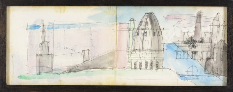 Ontwerp Bonnefantenmuseum: schetsontwerp middenvleugel en koepel aan de Maas