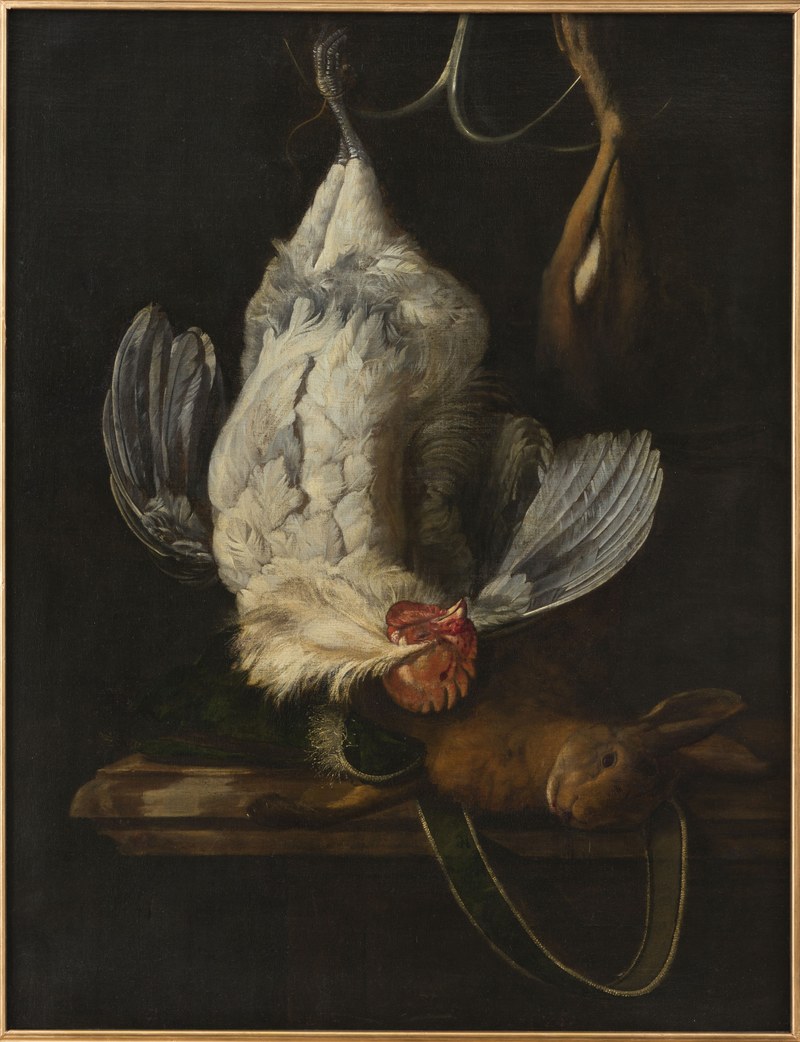 Stilleven met witte haan en haas