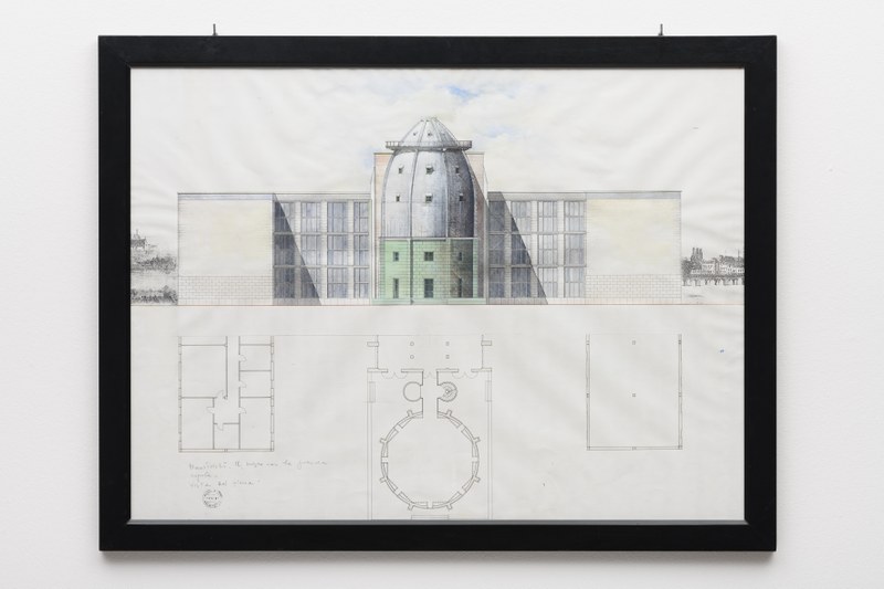 Ontwerp Bonnefantenmuseum: westgevel, "Il museo con la grande cupola, vista ad fiume"