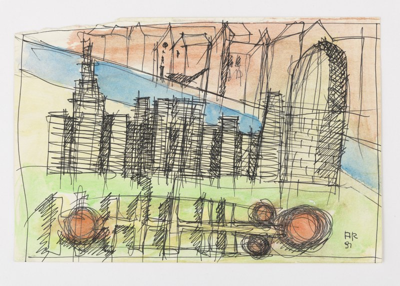 Ontwerp Bonnefantenmuseum: schets zijaanzicht / doorsnede, plattegrond