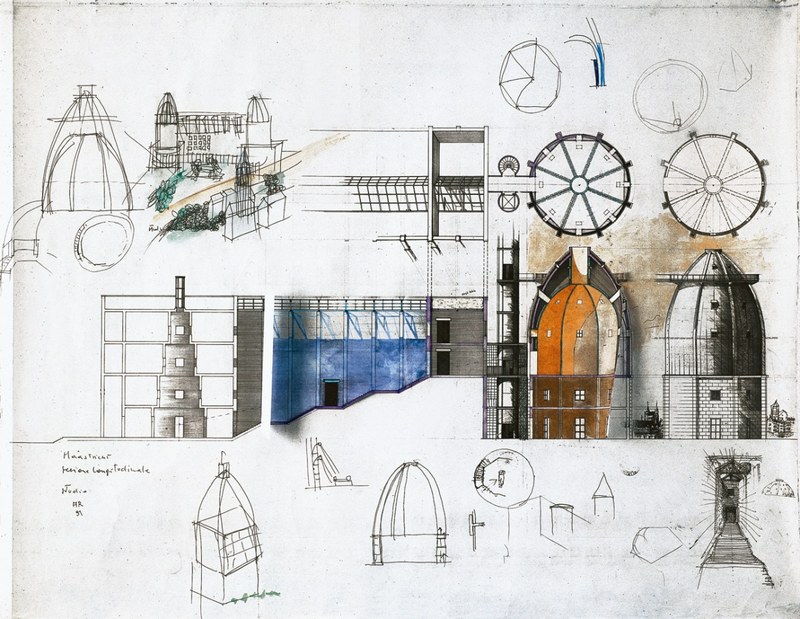 Ontwerp Bonnefantenmuseum: dwarsdoorsneden middenvleugel met schetsen / Sezione longitudinale