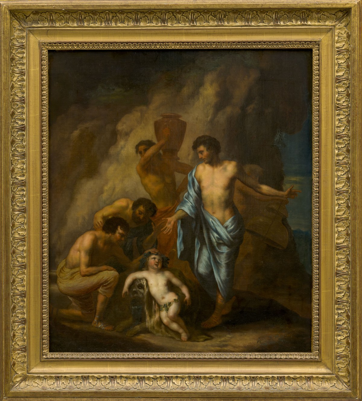 Gerard de Lairesse (toegeschreven aan), Jonge Bacchus (voor restauratie), eind 17de - begin 18de eeuw, olieverf op doek, 81.6 x 73.6 cm, Collectie Bonnefanten, langdurig bruikleen LGOG. Fotograaf: Peter Cox.